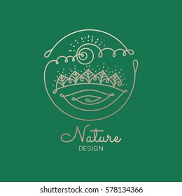 Vector logo of nature elements on green background. Linear icon of landscape with trees, river, sun - business emblems, badge for a travel, farming and ecology concepts, health and yoga Center. 
