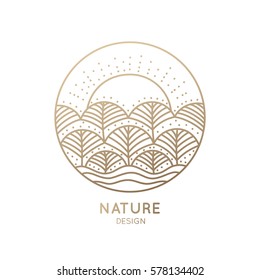 Vector logo of nature elements on white background. Linear icon of landscape with trees and sun - business emblems, badge for a travel, farming and ecology concepts, health and yoga Center. 