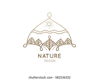 Vector logo of nature elements on white background. Linear icon of landscape with trees and sun - business emblems, badge for a travel, spa and ecology concepts, health and yoga Center. 