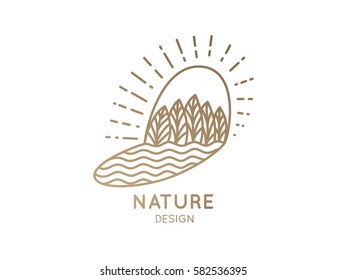 Vector logo of nature elements on white background. Linear icon of landscape with trees, sun, river - business emblems, badge for a travel, farming and ecology concepts, health and yoga Center. 