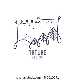 Vector logo of nature elements on white background. Linear icon of landscape with tree, sun, plants - business emblems, badge for a travel, spa and ecology concepts, health and yoga Center. 
