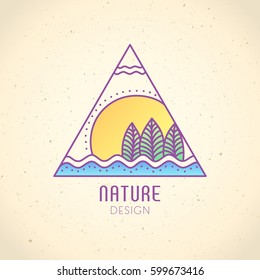 Vector logo of nature elements on vintage background. Linear icon of landscape with trees, river, sun - business emblems, badge for a travel, farming and ecology concepts, health and yoga Center.