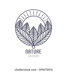 Vector logo of nature elements on white background. Linear icon of landscape with trees and sun in circle- business emblems, badge for a travel, farming and ecology concepts, health and yoga Center.