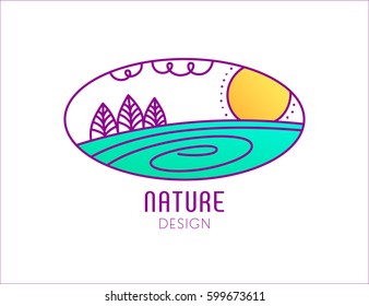 Vector logo of nature elements on white background. Linear icon of landscape with trees, river, sun - business emblems, badge for a travel, farming and ecology concepts, health and yoga Center.