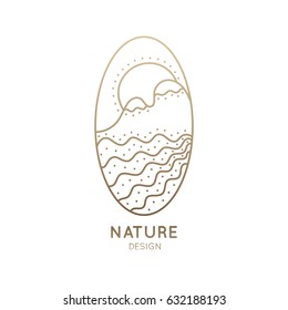 Vector logo of nature elements on white background. Linear icon of landscape with mountains, river, sun - business emblems, badge for a travel, tourism and ecology concepts, health and yoga Center.