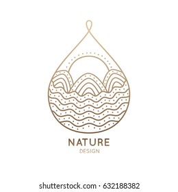 Vector logo of nature elements on white background. Linear icon of landscape with mountains, river, sun - business emblems, badge for a travel, tourism and ecology concepts, health and yoga Center.