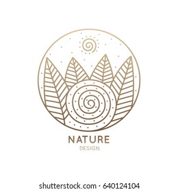 Vector logo of nature elements on white background. Linear icon of landscape with trees, river, sun - business emblems, badge for a travel, farming and ecology concepts, health and yoga Center.
