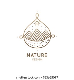 Vector logo of nature elements in shape the drop. Linear icon of landscape with mountains, river, sun - business emblems, badge for a travel, tourism and ecology concepts, tattoo, health, spa and yoga