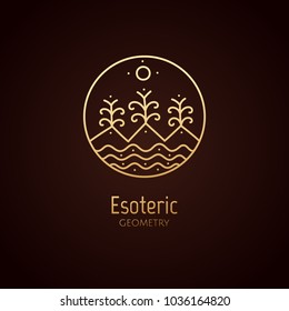 Vector logo of nature geometric elements. Round sacred symbol. Outline icon of abstract landscape - business emblem for design cards, packaging, zen, ecology, health concepts, yoga Center.