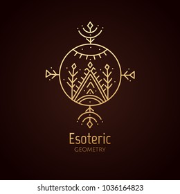Vector logo of nature geometric elements. Round sacred symbol. Outline icon of abstract landscape - business emblem for design cards, packaging, zen, ecology, health concepts, yoga Center.