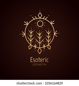 Vector logo of nature geometric elements. Round sacred symbol. Outline icon of abstract landscape - business emblem for design cards, packaging, zen, ecology, health concepts, yoga Center.