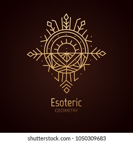 Vector logo of nature geometric elements. Round sacred symbol. Outline icon of abstract landscape - business emblem for design cards, packaging, zen, ecology, health concepts, yoga Center.