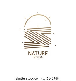 Vector logo of nature geometric elements with sun. Sacred abstract symbol with triangular shapes. Minimal icon of abstract landscape, business emblem for design, esoteric, ecology, health, yoga Center