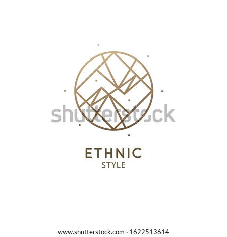 Vector logo of nature geometric mirrored mountains. Sacred round symbol with triangular shapes. Minimal icon of abstract landscape - business emblem for design, esoteric, ecology, yoga Center