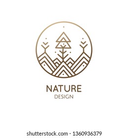Vector logo of nature geometric mountains, plants. Round sacred symbol. Outline icon of abstract landscape - business emblem for design cards, packaging, zen, ecology, health, astrology, yoga concepts