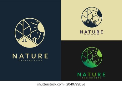 Vector logo of nature house elements in linear style. Linear icon of landscape with fields and trees with river and house .