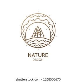 Vector logo of nature in linear style. Outline round icon landscape with tree,sun,fields,snow - business emblems, badge for a travel, farming and ecology concepts, health, spa and yoga Center.