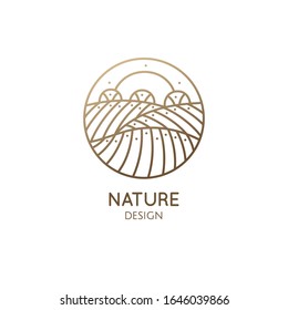 Vector logo of nature in linear style. Outline icon of simple landscape with sun, fields, trees - business emblems, badge for a travel, farming and ecology concepts, health, spa and yoga Center.
