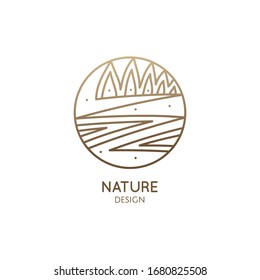 Vector logo of nature in linear style. Outline icon of landscape with river, trees, outdor - business emblems, badge for a travel, farming and ecology, agricalture, spa and recycle concept.