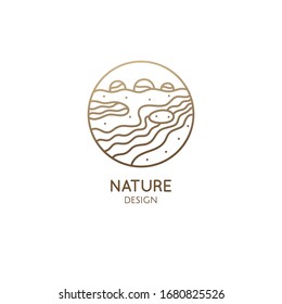 Vector logo of nature in linear style. Outline icon of landscape with river, trees, outdor - business emblems, badge for a travel, farming and ecology, agricalture, spa and recycle concept.