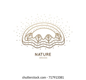 Vector logo of nature in linear style. Outline icon of winter landscape with trees, sun, water, snow - business emblems, badge for a travel, farming and ecology concepts, health, spa and yoga Center.