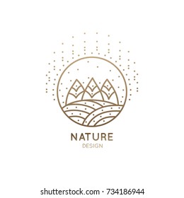 Vector logo of nature in linear style. Outline icon of winter landscape with trees,sun,fields,snow - business emblems, badge for a travel, farming and ecology concepts, health, spa and yoga Center.