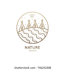 Vector logo of nature in linear style. Outline icon of winter landscape with trees,sun,fields,snow - business emblems, badge for a travel, farming and ecology concepts, health, spa and yoga Center.
