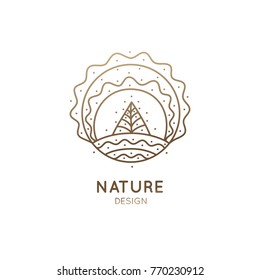 Vector logo of nature in linear style. Outline icon of pattern landscape with tree,sun,fields,snow - business emblems, badge for a travel, farming and ecology concepts, health, spa and yoga Center.