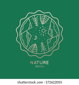 Vector logo of nature on green background. Linear icon of landscape in circle with trees, plants, mountains. Business emblems, badge for a travel, and ecology concepts, health and yoga Center.