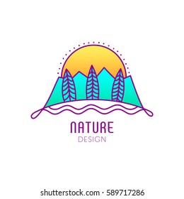 Vector logo of nature on white background. Linear icon of landscape - mountains, trees, sun. Business emblem, badge for a travel, alternative medicine and ecology concepts, health and yoga Center. 