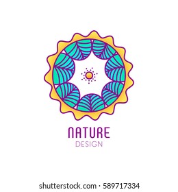 Vector logo of nature on white background. Linear circle icon of landscape with trees and sun. Business emblem, badge for a travel, farming and ecology concepts, health and yoga Center. 