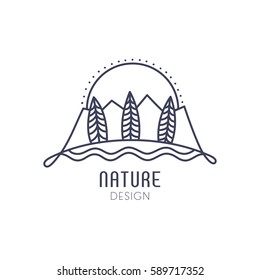 Vector logo of nature on white background. Linear icon of landscape - mountains, trees, sun. Business emblem, badge for a travel, alternative medicine and ecology concepts, health and yoga Center. 