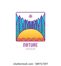 Vector logo of nature on white background. Linear square icon of landscape with trees, field and sun. Business emblem, badge for a travel, farming and ecology concepts, health and yoga Center. 