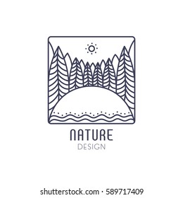 Vector logo of nature on white background. Linear square icon of landscape with trees, field and sun. Business emblem, badge for a travel, farming and ecology concepts, health and yoga Center. 