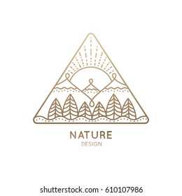 Vector logo of nature on white background. Linear icon of landscape - mountains, trees, sun. Business emblem, badge for a travel, alternative medicine and ecology concept, spa, health and yoga Center.
