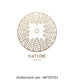 Vector logo of nature on white background. Linear icon of landscape in circle with trees, and sun. Business emblem, badge for a travel, farming and ecology concepts, health and yoga Center.