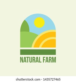 Vector logo of nature. Outline icon of simple landscape with sun, fields - business emblems, badge for a travel, farming and ecology concepts