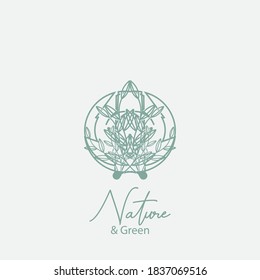 Vector logo of nature. Simple logotype of winter garden, round lake.