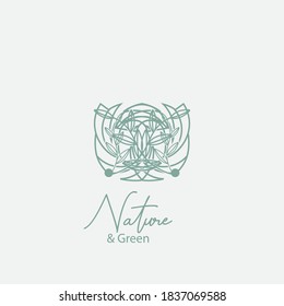 Vector logo of nature. Simple logotype of winter garden, round lake.