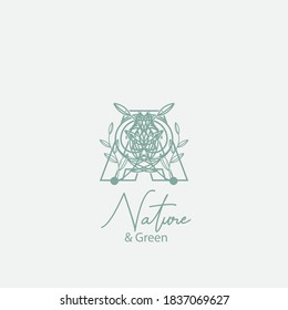 Vector logo of nature. Simple logotype of winter garden, round lake.