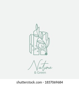 Vector logo of nature. Simple logotype of winter garden, round lake.