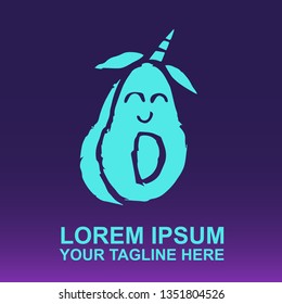 Vector Logo of Neon Blue Avocado Fruit on Gradient Color Background Violet and Pink. Illustration for Print.