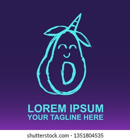 Vector Logo of Neon Blue Avocado Fruit on Gradient Color Background Violet and Pink. Illustration for Print.