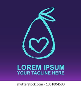 Vector Logo of Neon Blue Avocado Fruit on Gradient Color Background Violet and Pink. Illustration for Print.