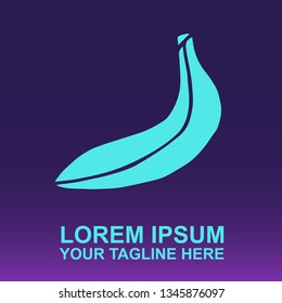 Vector Logo of Neon Blue Banana Fruit on Gradient Color Background Violet and Pink. Illustration for Print. 
