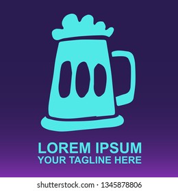 Vector Logo of Neon Blue Beer Drinks on Gradient Color Background Violet and Pink. Illustration for Print. 