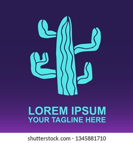 Vector Logo of Neon Blue Cactus Plant on Gradient Color Background Violet and Pink. Illustration for Print. 
