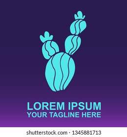 Vector Logo of Neon Blue Cactus Plant on Gradient Color Background Violet and Pink. Illustration for Print. 