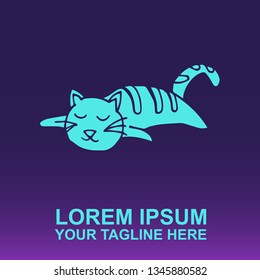 Vector Logo of Neon Blue Cat Animal on Gradient Color Background Violet and Pink. Illustration for Print. 