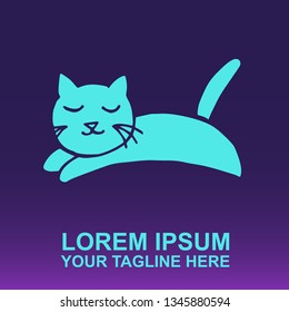Vector Logo of Neon Blue Cat Animal on Gradient Color Background Violet and Pink. Illustration for Print. 